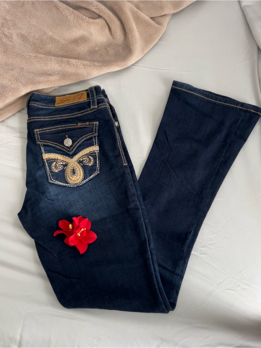 Seven7 Dark Blue Bootcut Jeans with Embroidered Pocket